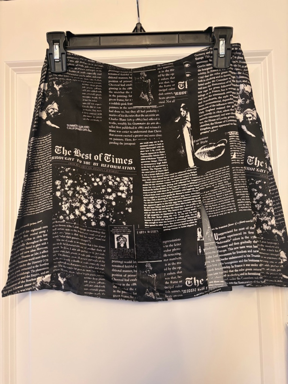 Reformation Black Newspaper Print Mini Skirt
